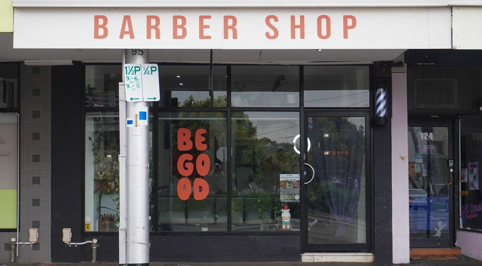 Front view of Be Good Studio, a modern barber shop in Melbourne, Victoria, AU with distinctive signage.