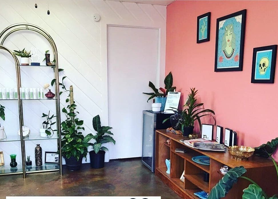 Chic interior of Nood Wax & Sugar ATX in Austin, Texas, US showcasing plants and art on a coral wall.