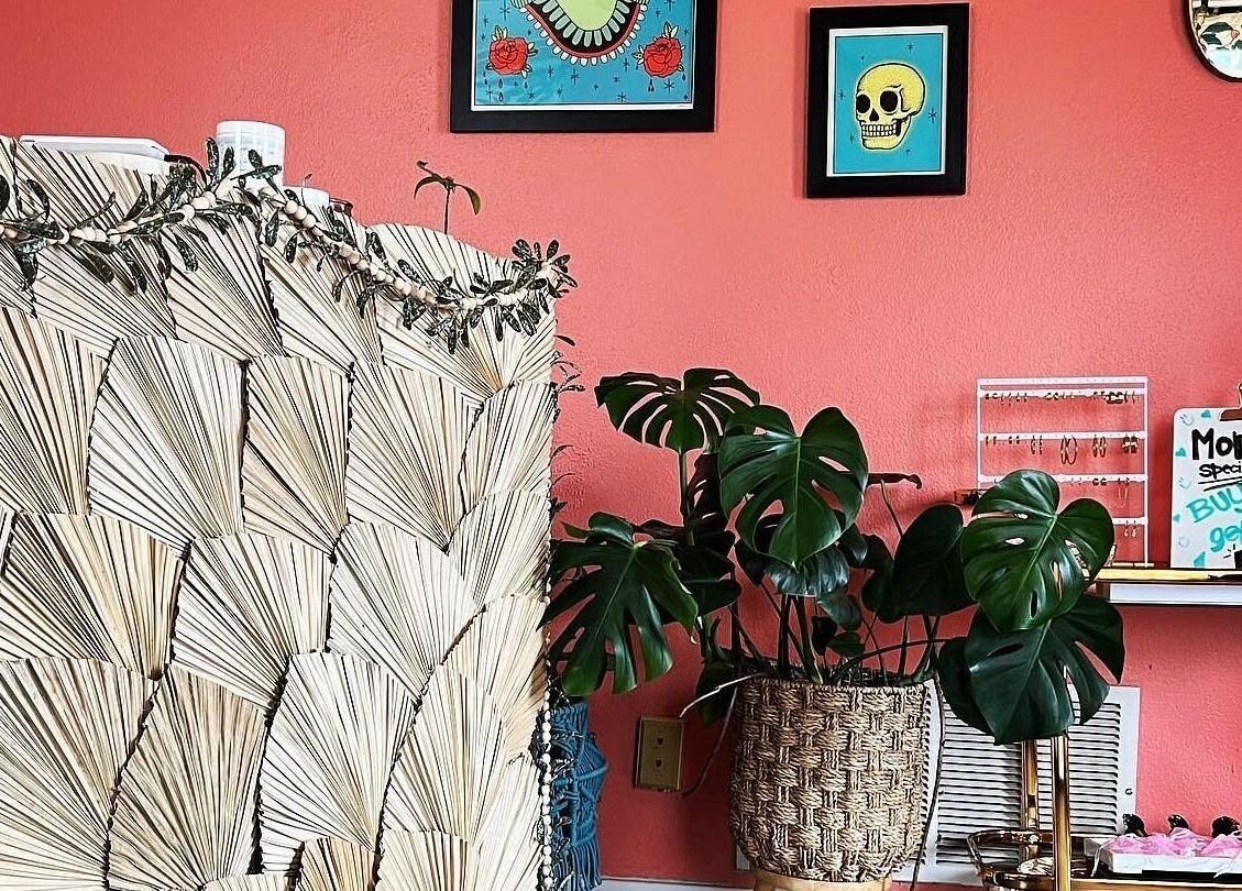 Stylish decor and plant at Nood Wax & Sugar ATX in Austin, Texas, US, featuring unique wall art and display.