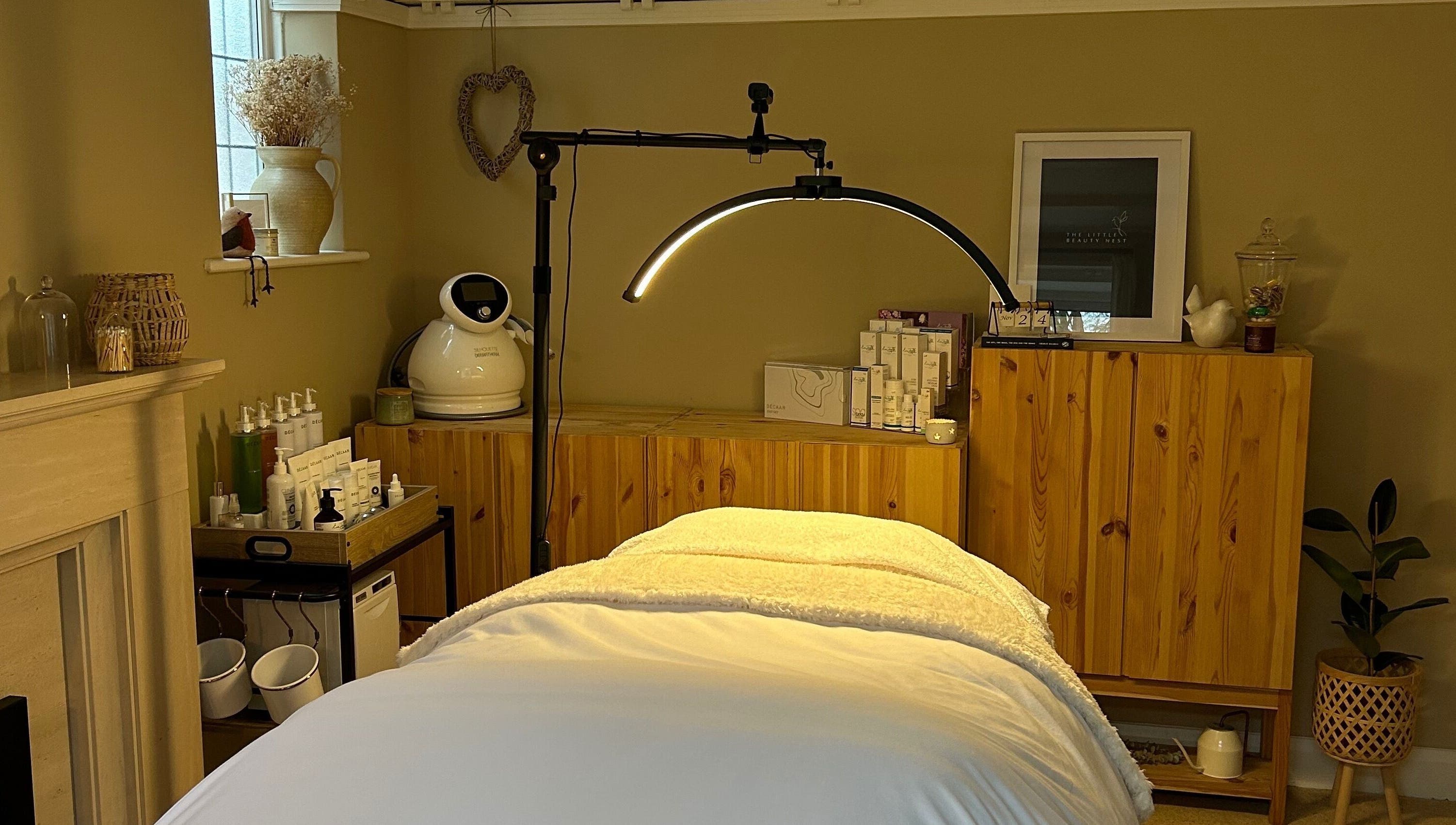 Serene and cozy treatment room at The Little Beauty Nest, Ilkeston, England, GB.