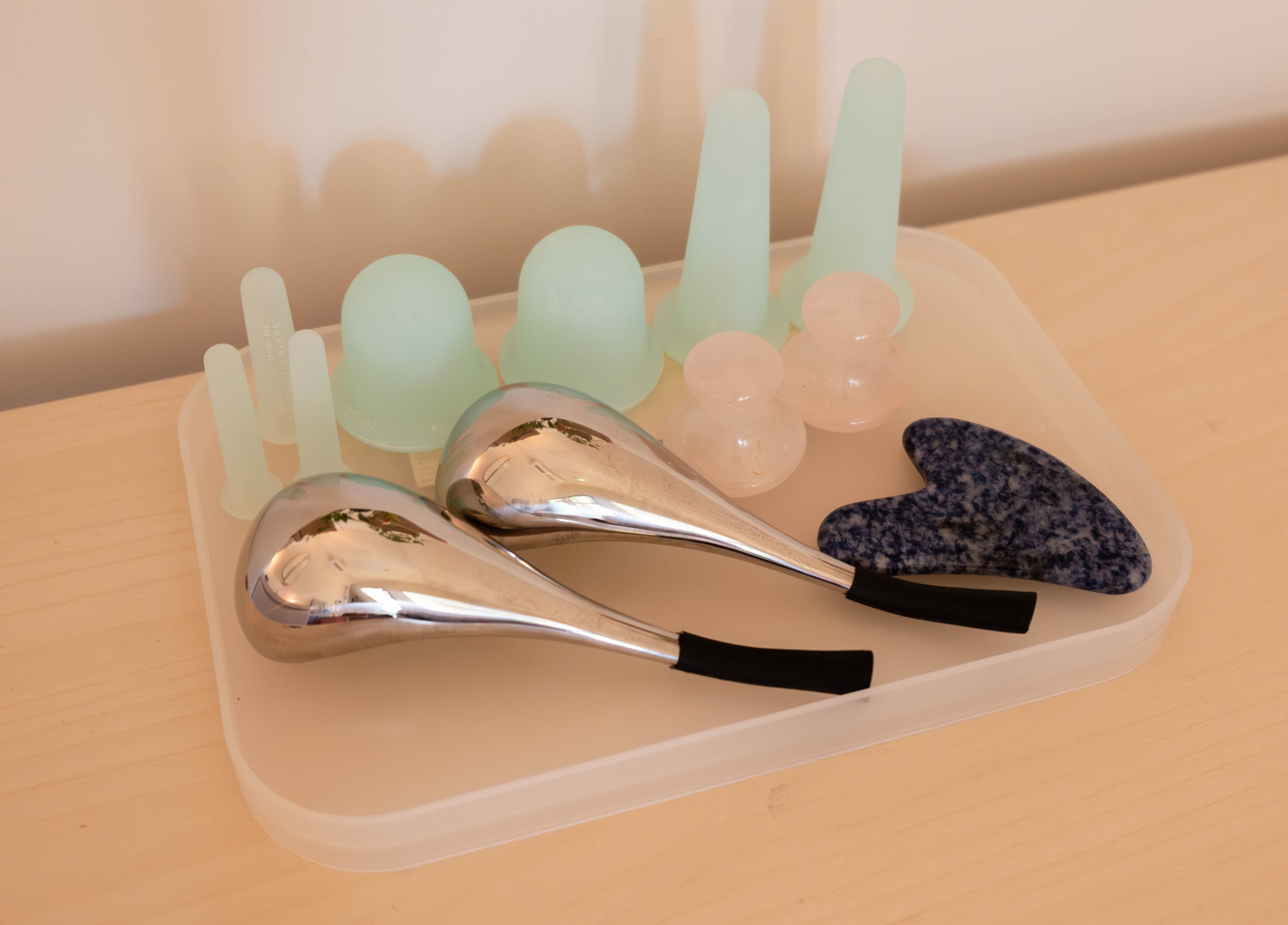 Tools for facial massage at O!GLOW-ON: byAudrey.ldn, London, England, GB, enhance beauty treatments.