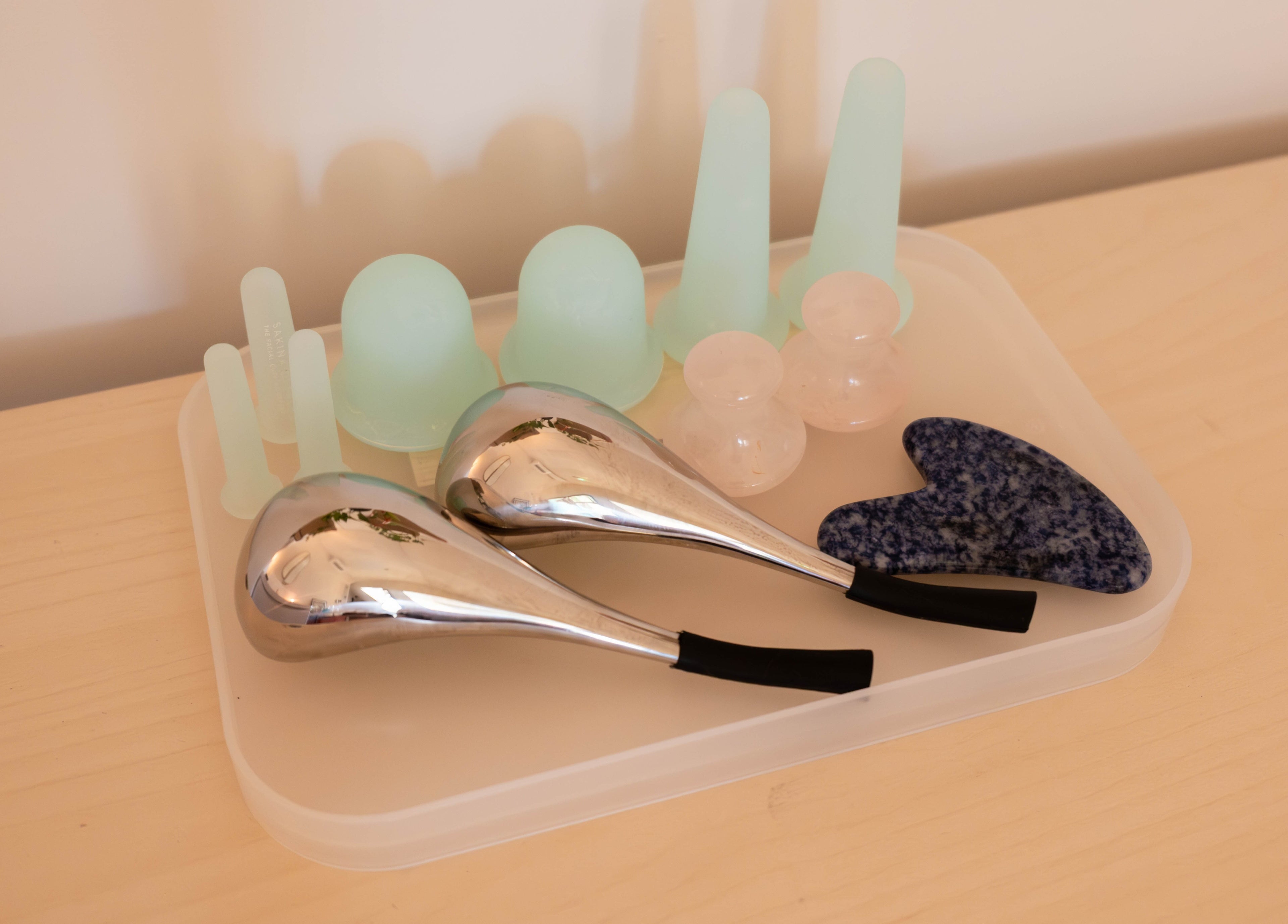 Tools for facial massage at O!GLOW-ON: byAudrey.ldn, London, England, GB, enhance beauty treatments.