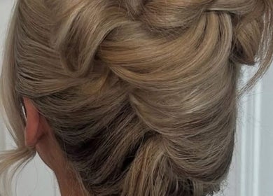 Elegant blonde updo hairstyle at By Brown, Hetton-le-hole, England, GB.