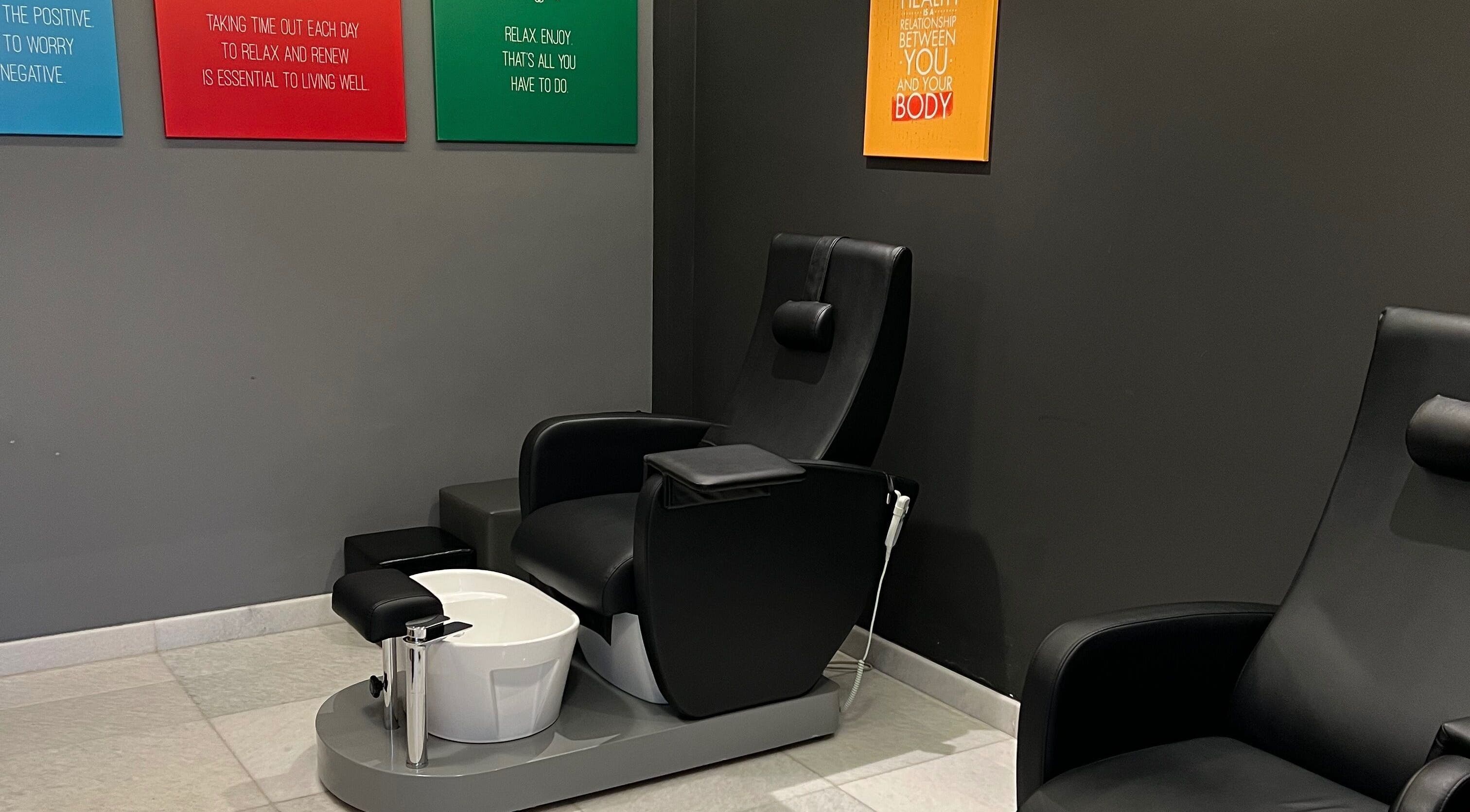 Relaxing pedicure station at The Backyard Spa Alkhoudh, Sib, Muscat Governorate, OM featuring comfortable seating.