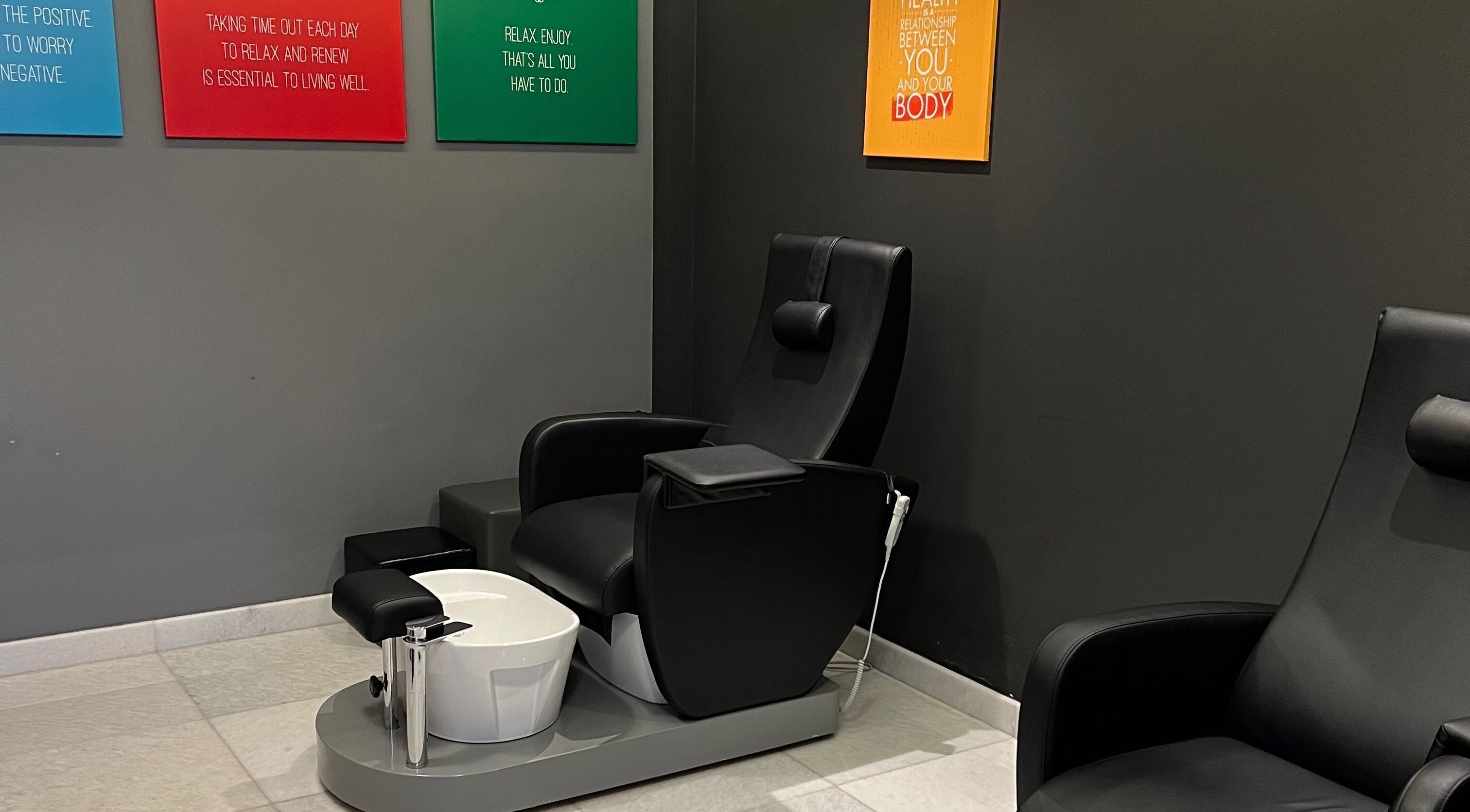 Relaxing pedicure station at The Backyard Spa Alkhoudh, Sib, Muscat Governorate, OM featuring comfortable seating.