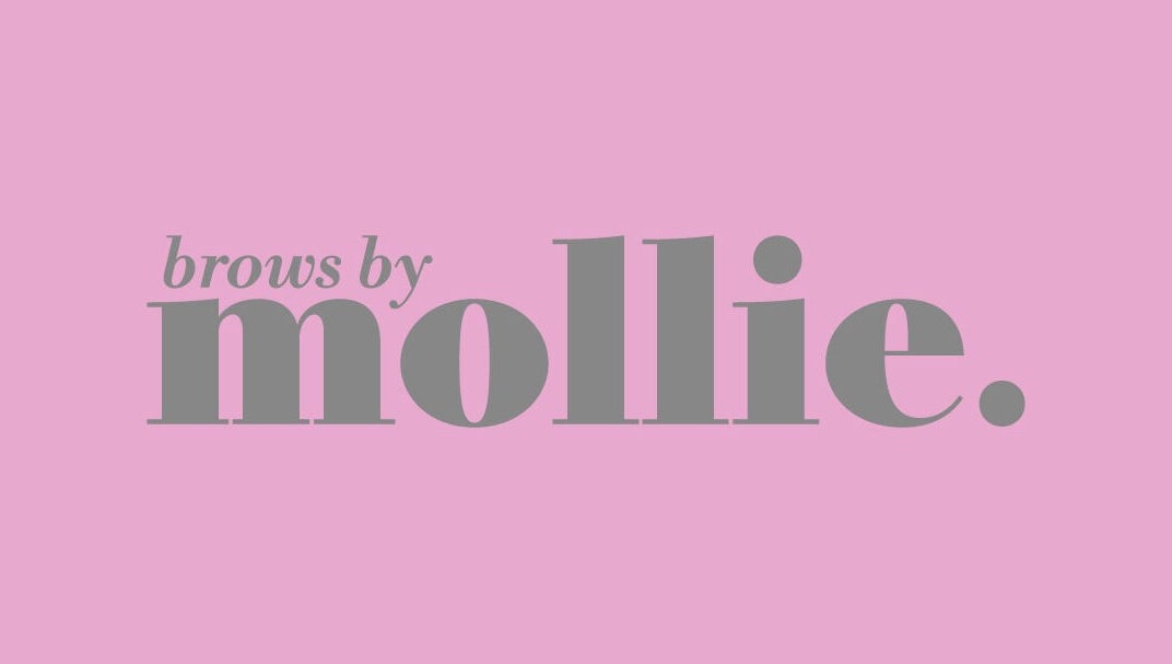 Elegant logo for Mollie Williams Brows, Barry, Wales, GB, on a pink background.