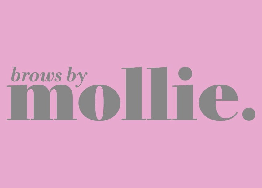 Elegant logo for Mollie Williams Brows, Barry, Wales, GB, on a pink background.