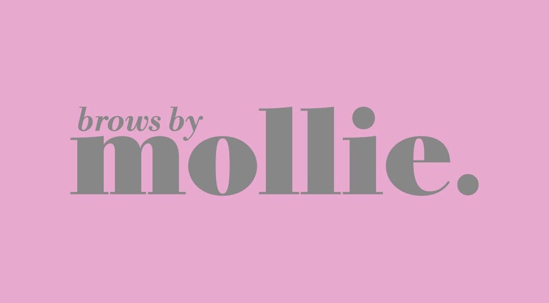 Elegant logo for Mollie Williams Brows, Barry, Wales, GB, on a pink background.