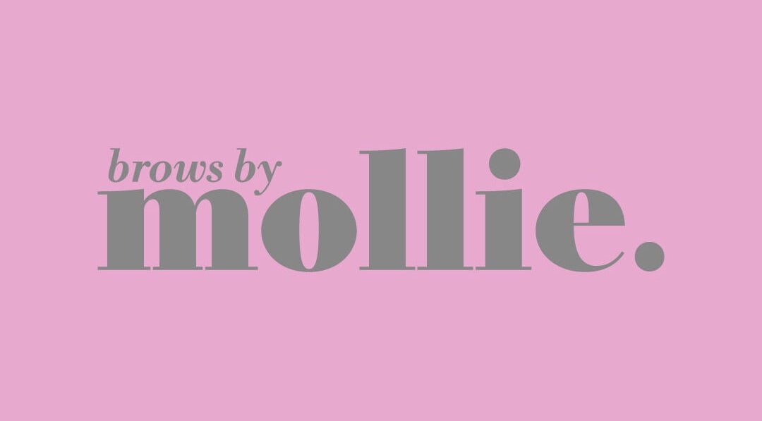 Elegant logo for Mollie Williams Brows, Barry, Wales, GB, on a pink background.