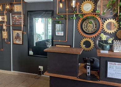 Steampunk-themed lobby of Dare to Ink Tattoo Studio in Bloemfontein, Free State, ZA.