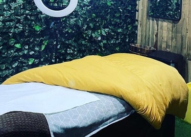 Cozy massage room at Lady Muck, Bilston with lush greenery and soft lighting, Bilston, Scotland, GB.