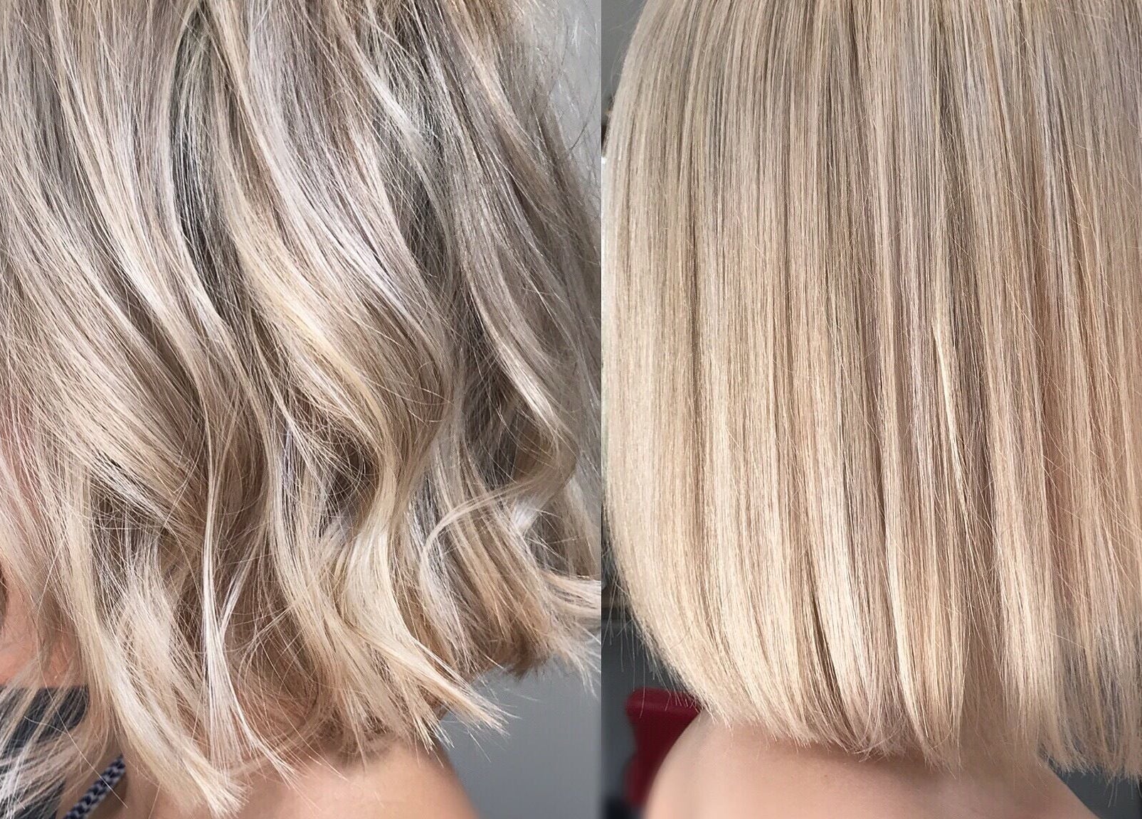 Blonde hair transformation at Lily & Jack's Deptford, London, England, GB showing wavy to straight styles.