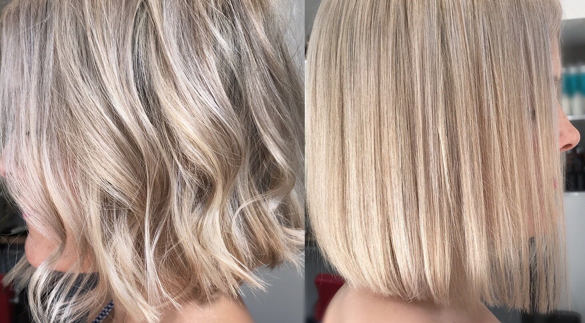 Blonde hair transformation at Lily & Jack's Deptford, London, England, GB showing wavy to straight styles.