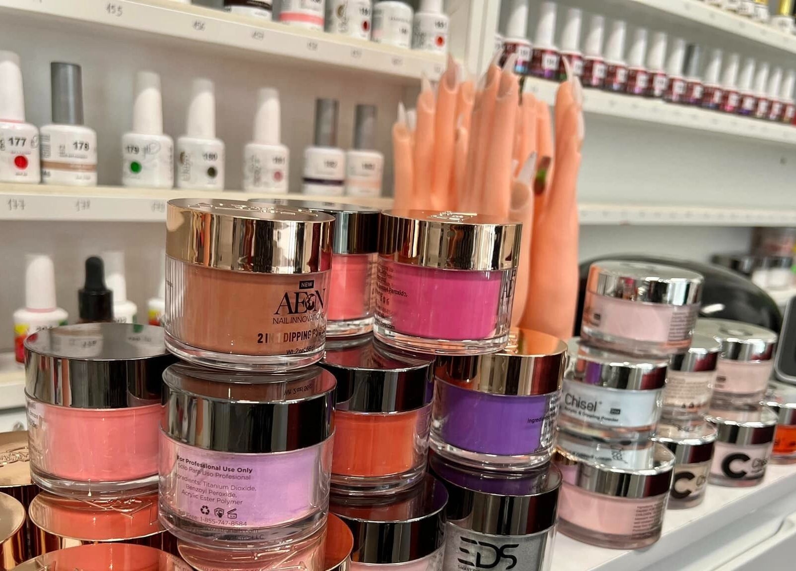 Colorful array of nail products at Findon Nails and Spa Findon Shopping Centre (COLES), Findon, South Australia, AU.