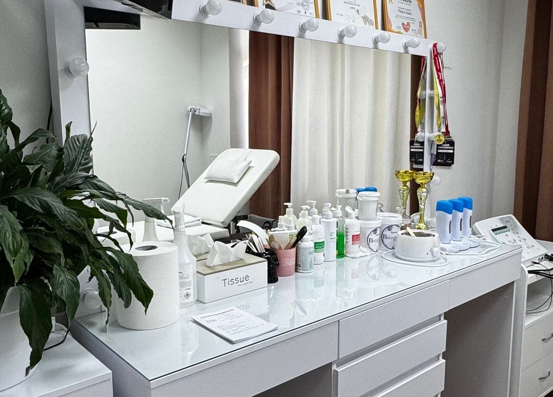 Spațiu modern la Perfect Skin, Chișinău, Chișinău, MD cu echipamente cosmetice și plantă verde.