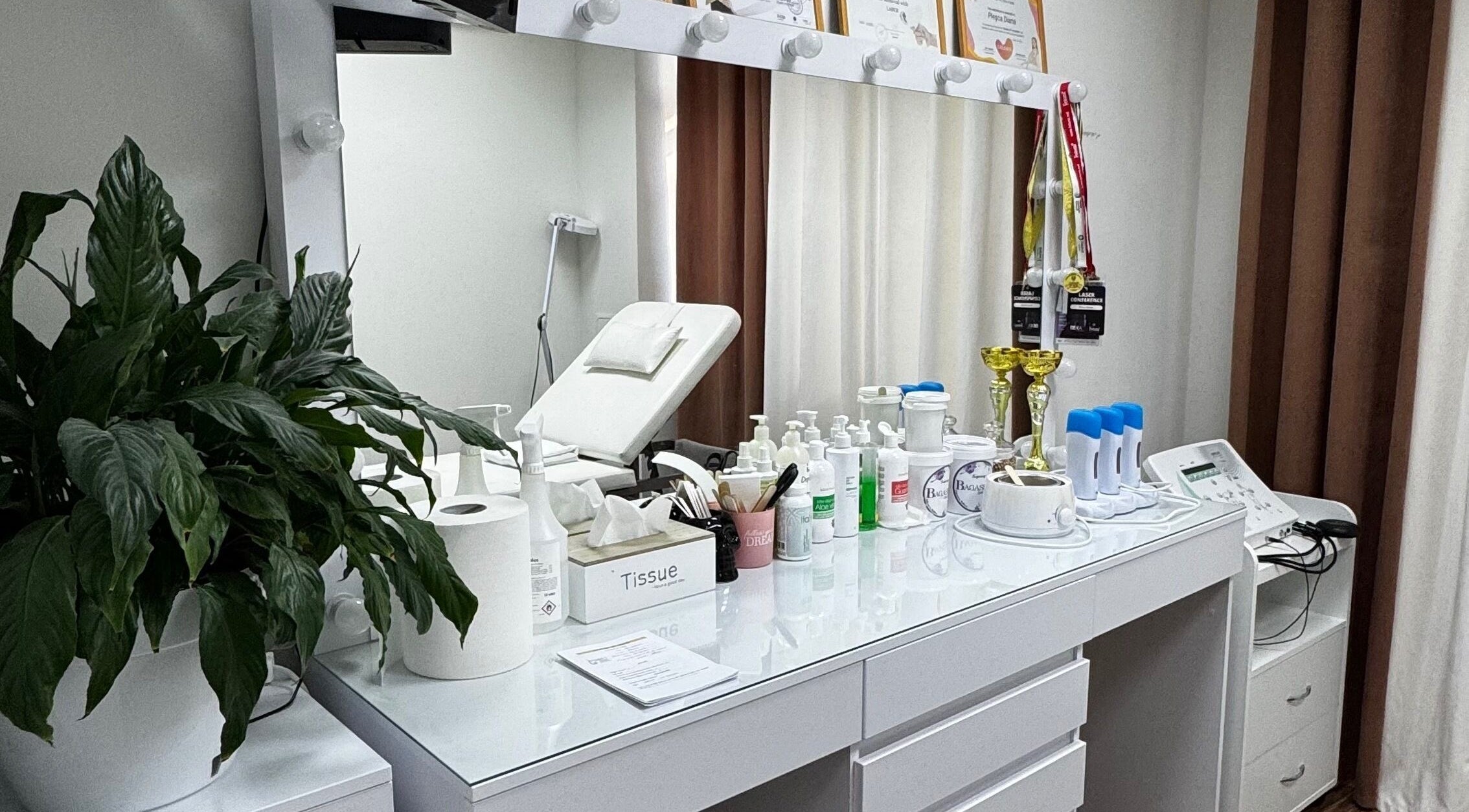 Spațiu modern la Perfect Skin, Chișinău, Chișinău, MD cu echipamente cosmetice și plantă verde.