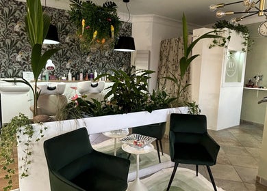 Salone sofisticato di ID Parrucchieri a Capannoli, Toscana con arredi verdi e piante decorative.