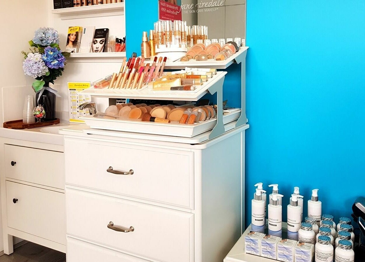 Makeup display at Complexion Skin Clinic, Mitcham, Victoria, AU highlighting a variety of skincare products.