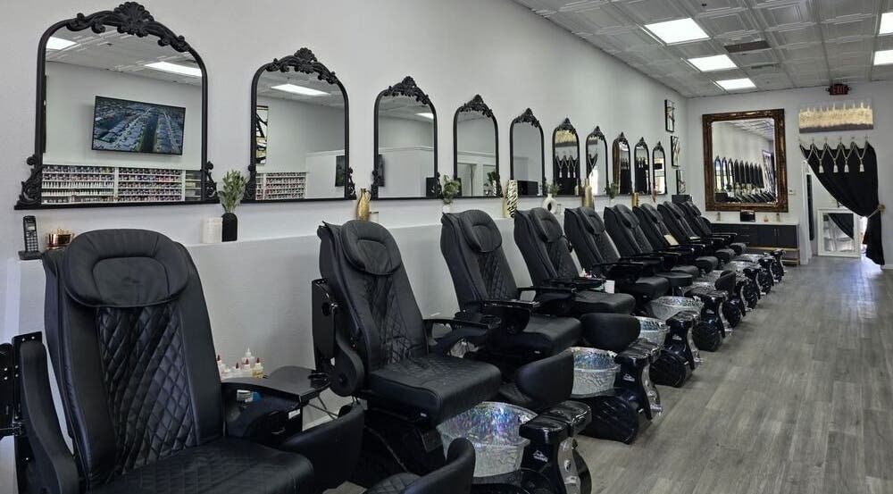Luxurious pedicure chairs at Glo Nail Lounge, Las Vegas, Nevada, US, reflect modern elegance and comfort.
