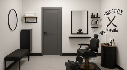 Interior de Yisus Style Barberia en Monterrey, Nuevo León, MX: silla de barbero y decoración moderna.
