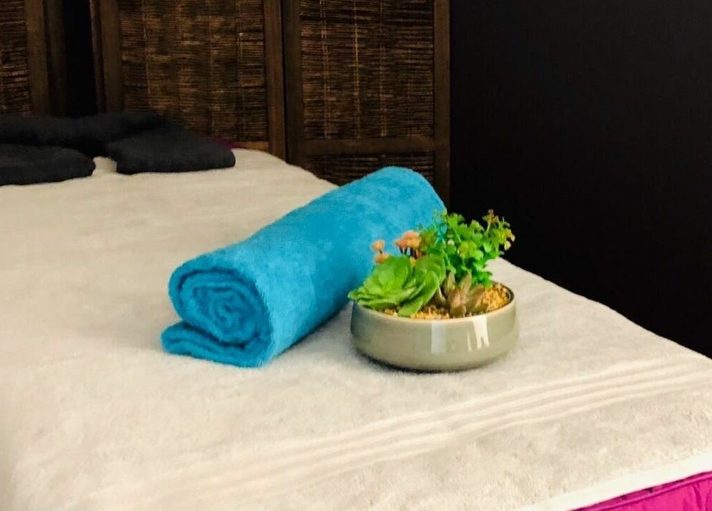 Massage bed at Oceanic Spa Moonah in Moonah, Tasmania, AU with blue towel and plant accent.