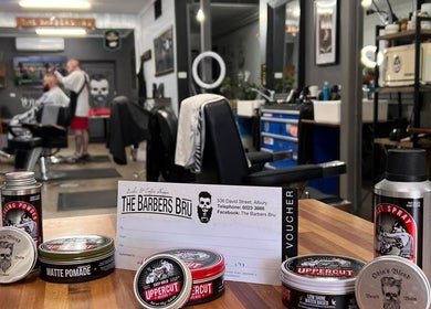 Grooming products and chairs in The Barbers Bru, Albury, New South Wales, AU.