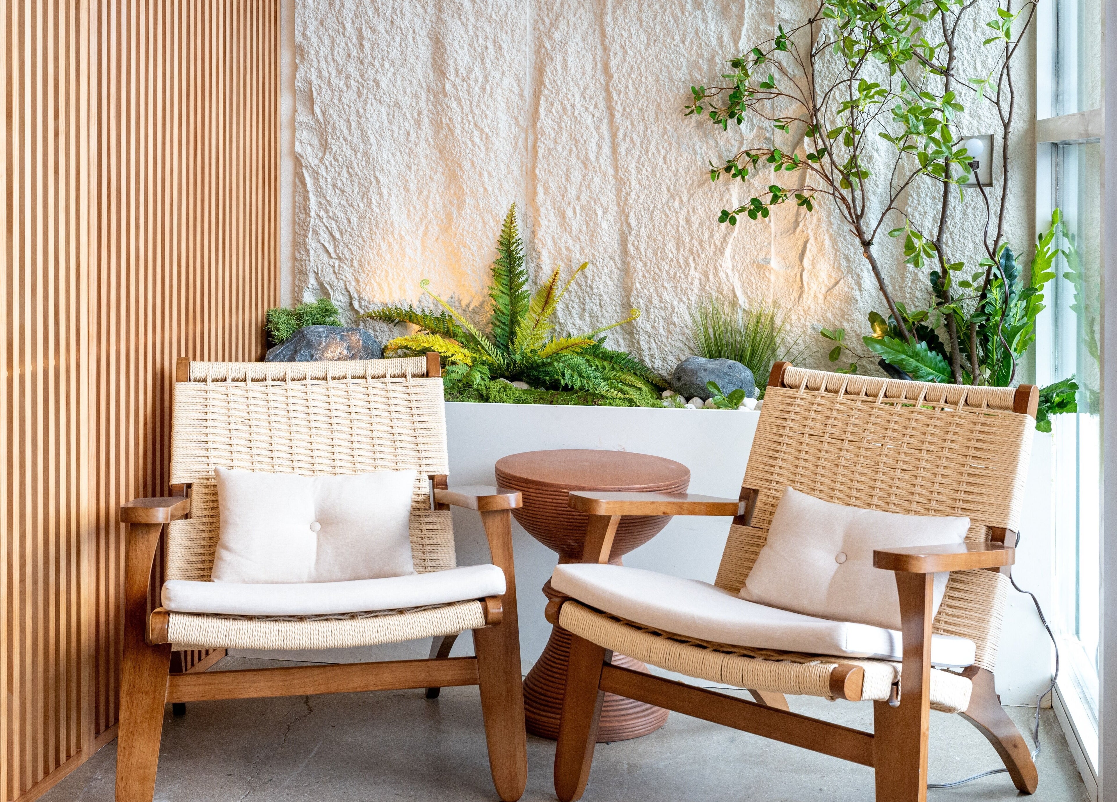 Relaxing chairs and plants at Soulo Hair Spa Southwest, Las Vegas, Nevada, US.