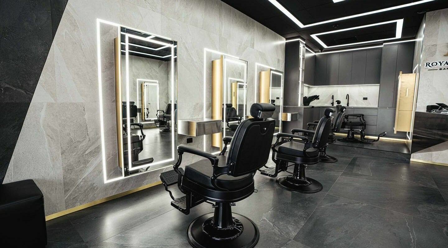 Modern barber chairs at Royal Blends - Gregory Hills, Gledswood Hills, New South Wales, AU.