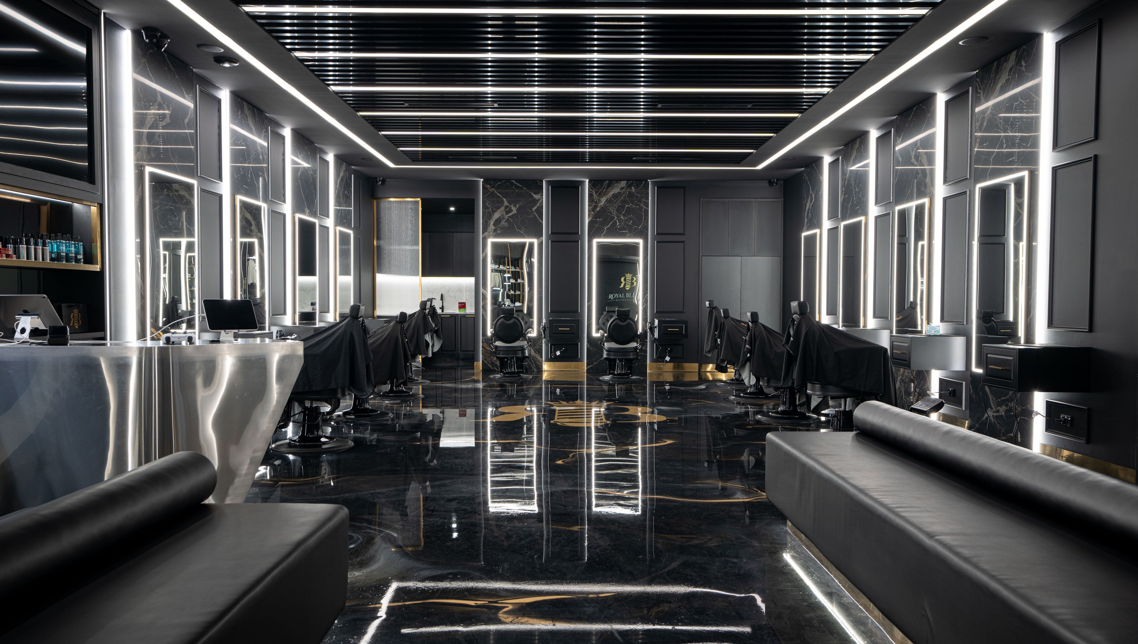 Elegant interior of Royal Blends Barbershop Warwick Farm, New South Wales, AU, showcasing chic design and modern decor.