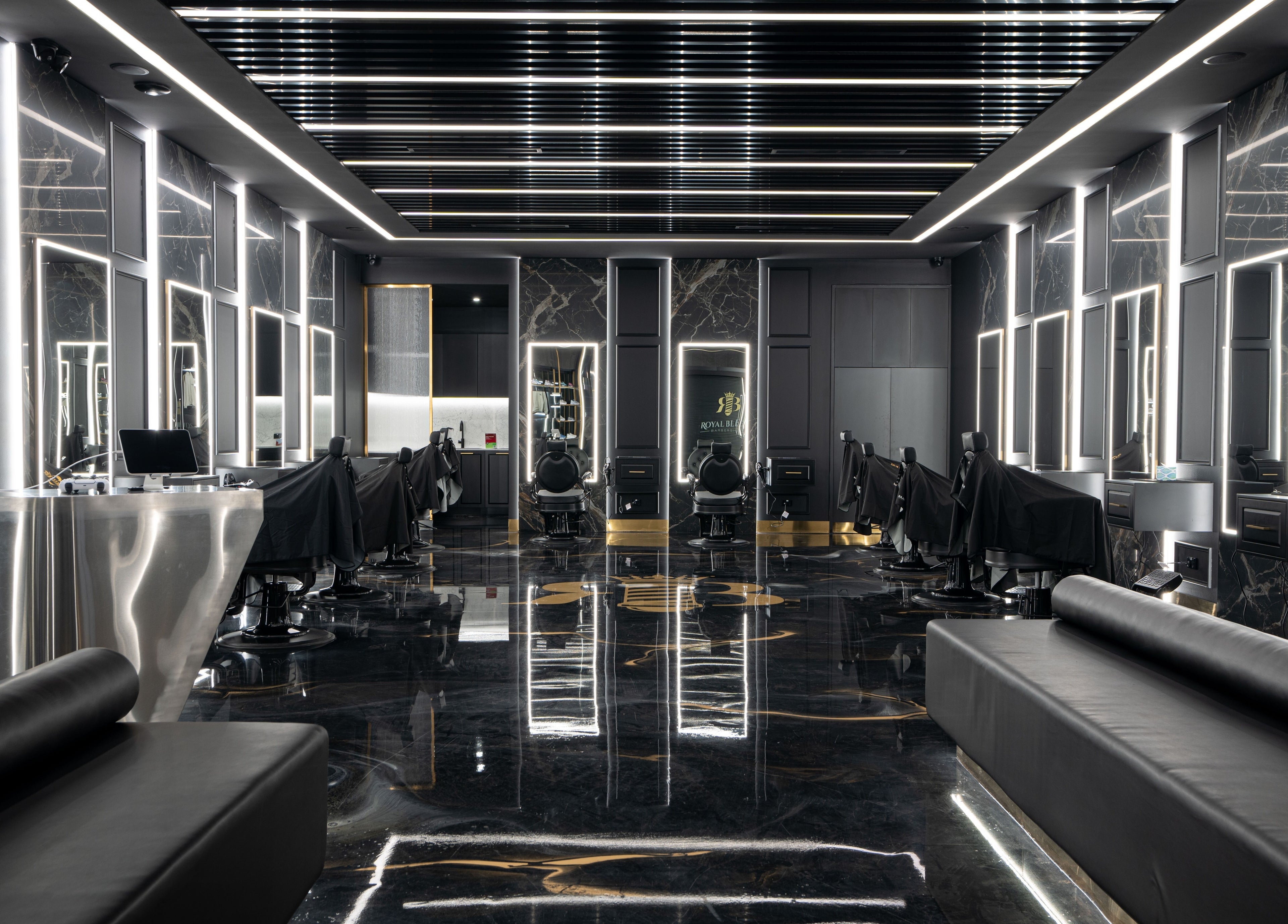 Elegant interior of Royal Blends Barbershop Warwick Farm, New South Wales, AU, showcasing chic design and modern decor.