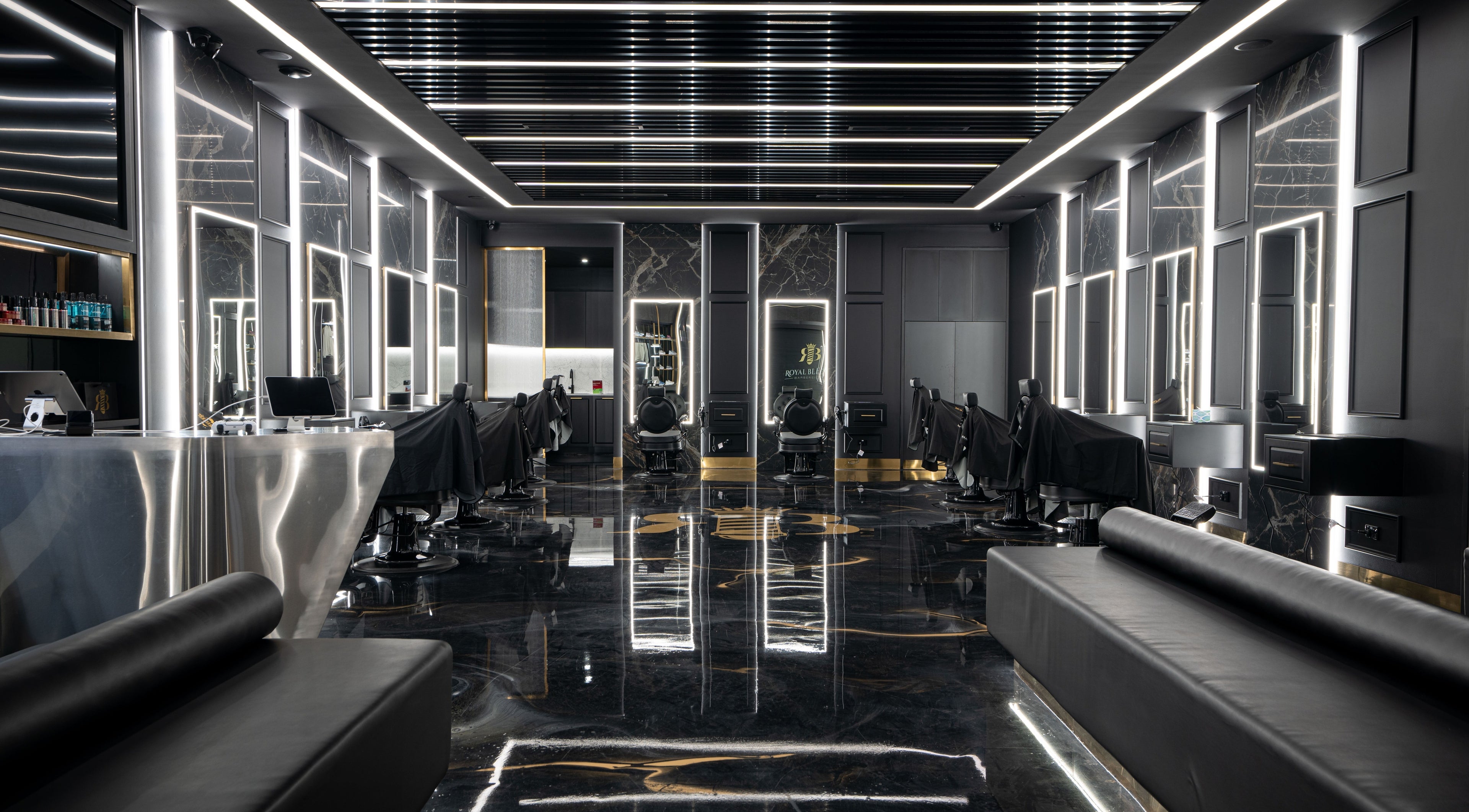 Elegant interior of Royal Blends Barbershop Warwick Farm, New South Wales, AU, showcasing chic design and modern decor.