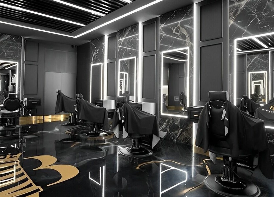 Luxurious interior of Royal Blends Barbershop Warwick Farm, Warwick Farm, New South Wales, AU. Sleek and modern design.