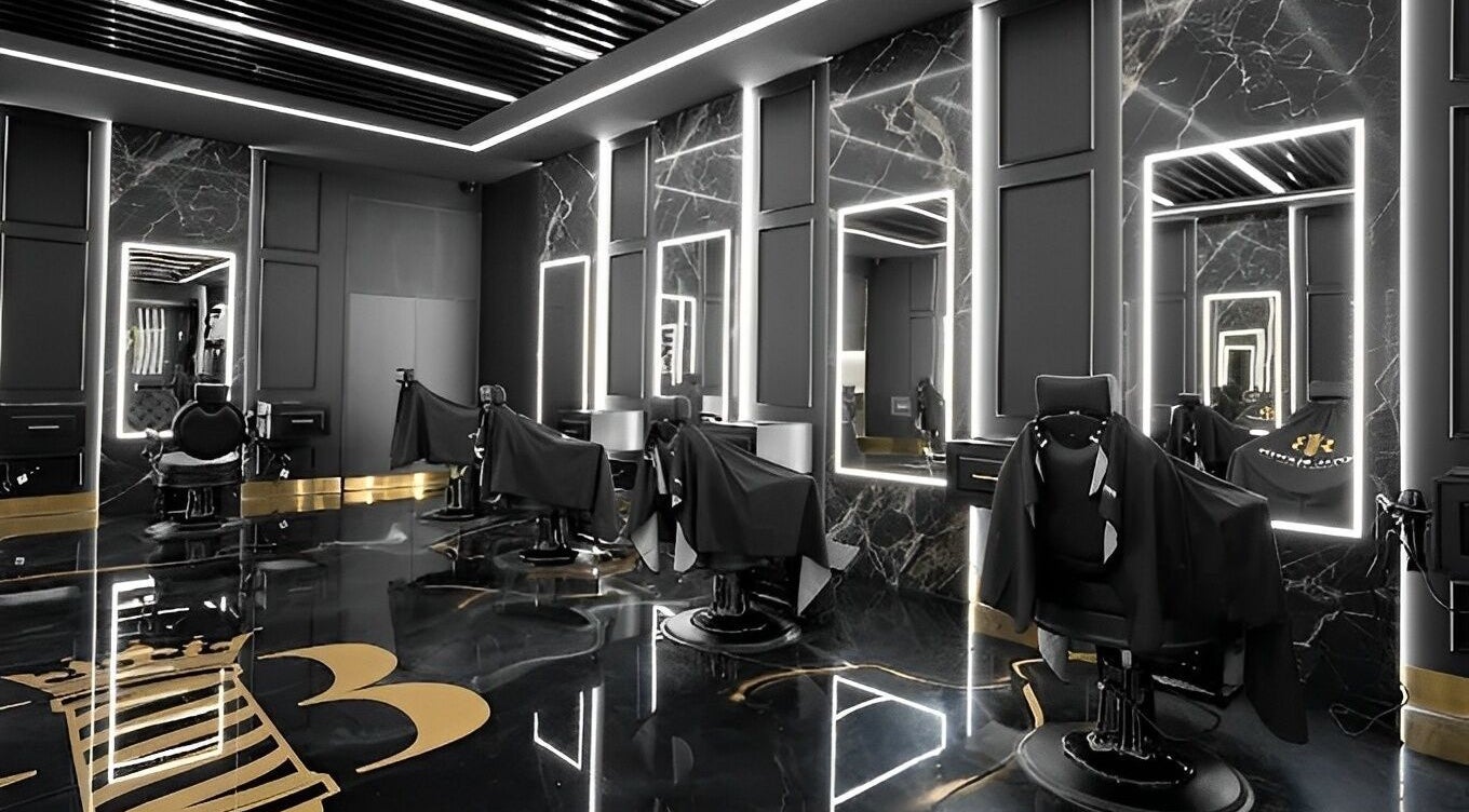 Luxurious interior of Royal Blends Barbershop Warwick Farm, Warwick Farm, New South Wales, AU. Sleek and modern design.