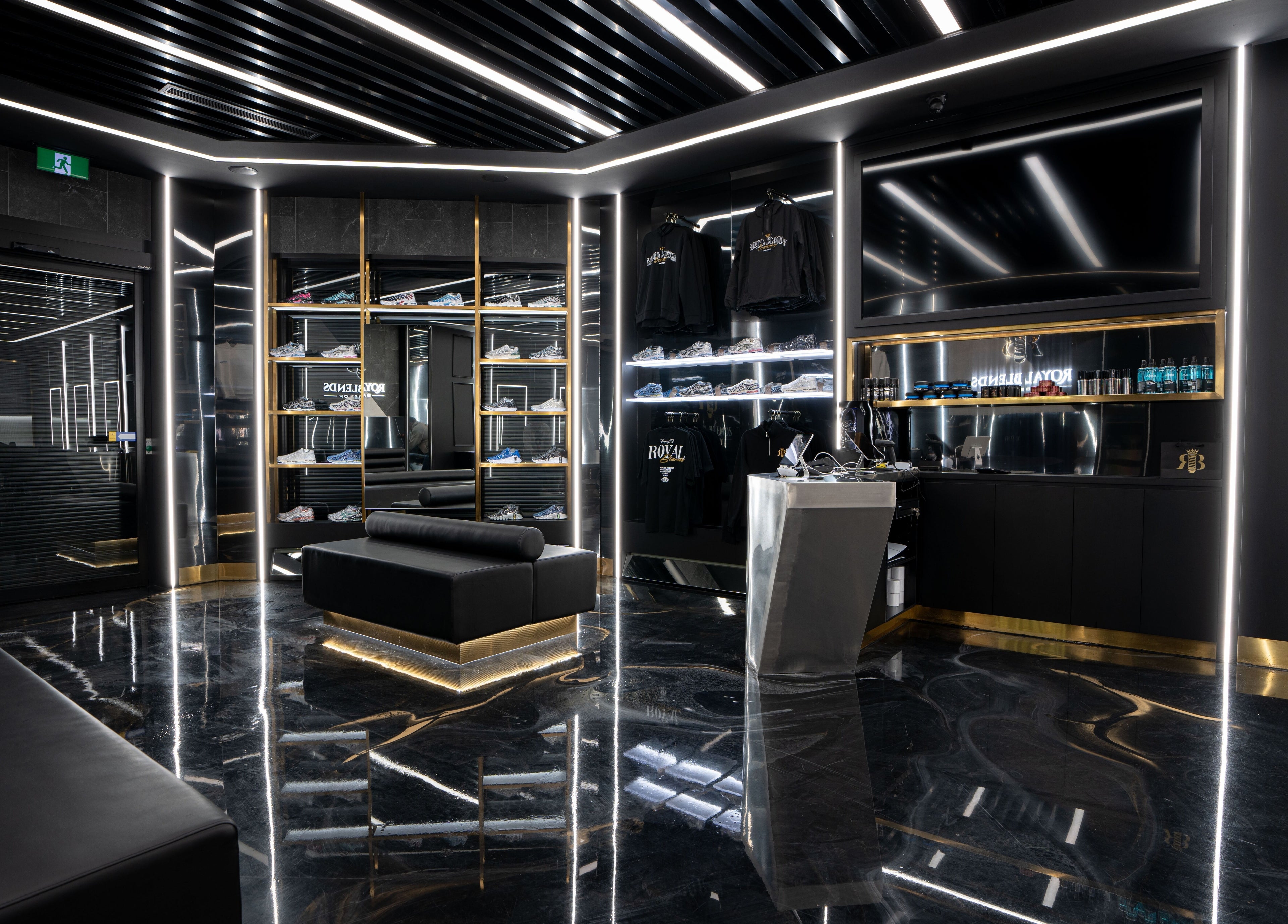 Interior of Royal Blends Barbershop Warwick Farm, New South Wales, AU, showcasing sleek design.