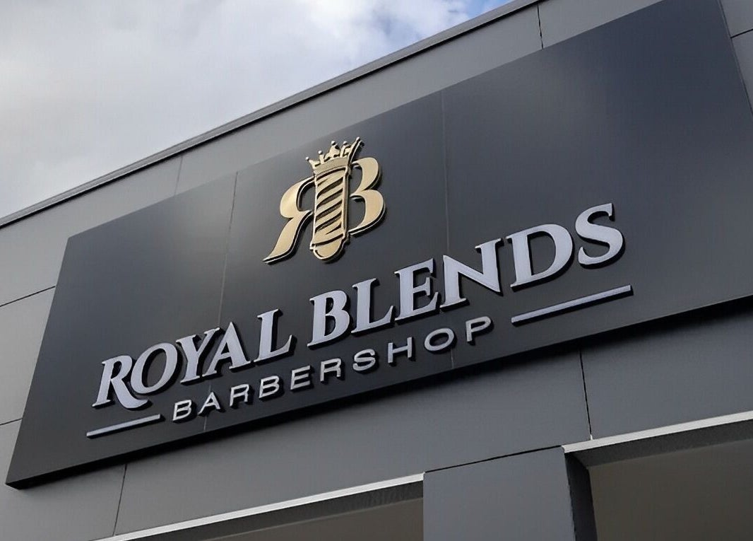 Signboard of Royal Blends Barbershop Warwick Farm, showcasing sleek logo design in Warwick Farm, New South Wales, AU.
