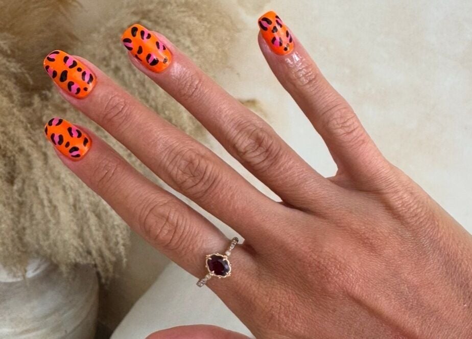 Vibrant animal-print nail art design at Byron Beauty Lounge, Bali, Bali, ID.