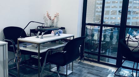 Chic nail station at Blackdime Beauty Bar in Johannesburg, Gauteng, ZA, with modern decor and natural light.