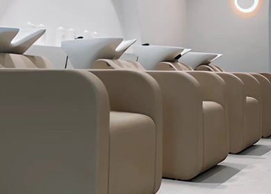 Modern shampoo chairs at RM The Studio, Melbourne, Victoria, AU offering a luxurious salon experience.