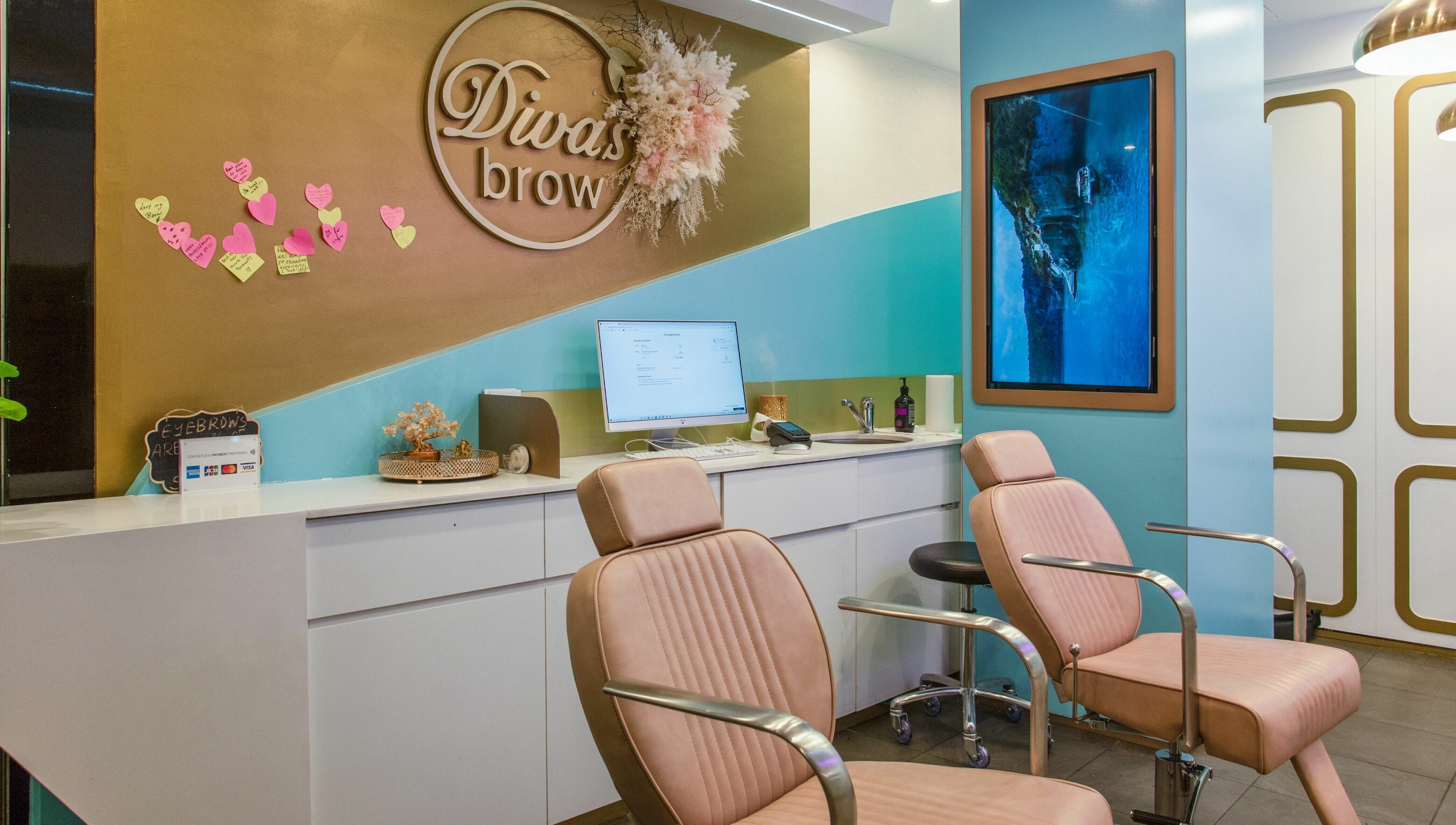 Elegant interior of Divas Brow Sydney CBD, featuring stylish chairs and decor in Sydney, New South Wales, AU.