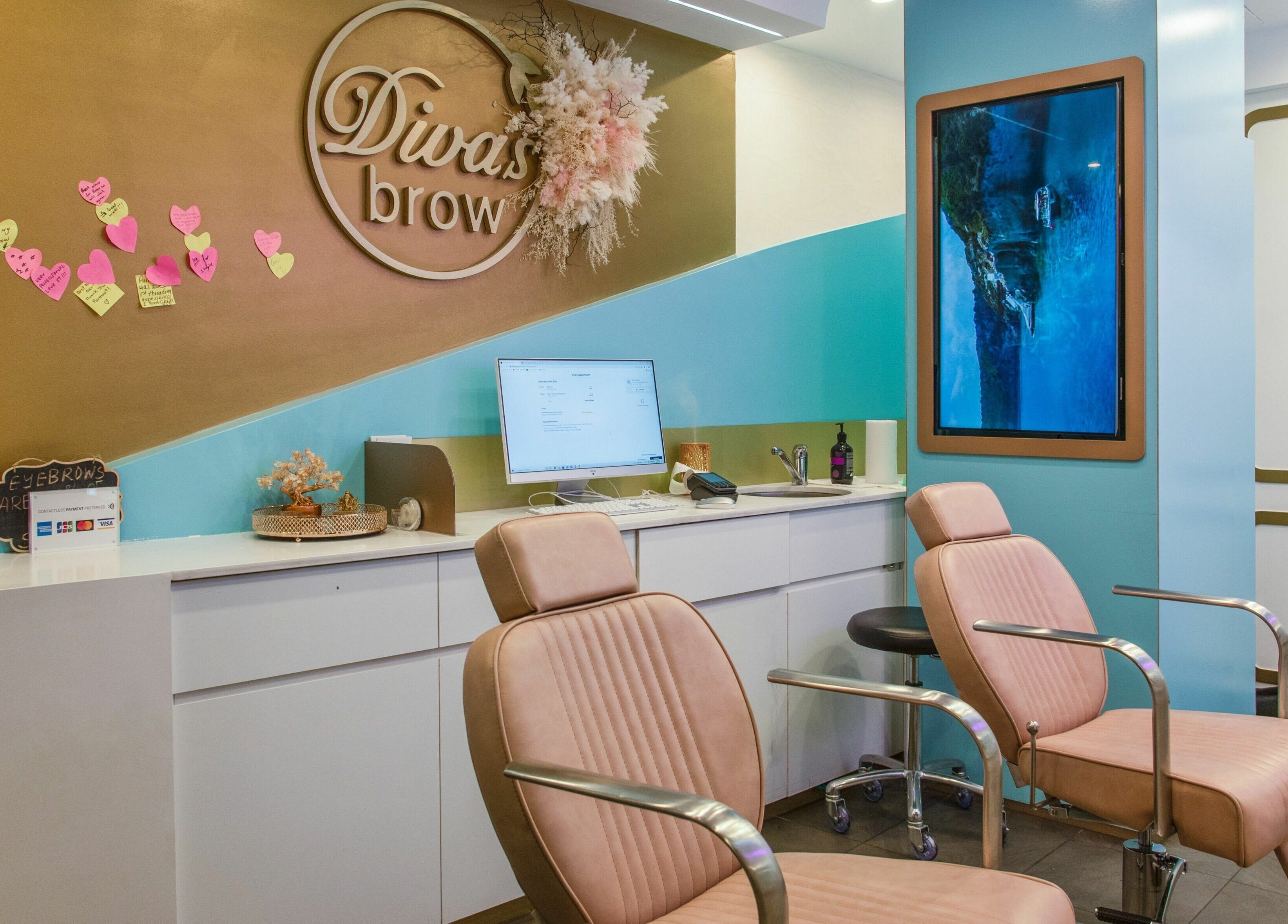 Elegant interior of Divas Brow Sydney CBD, featuring stylish chairs and decor in Sydney, New South Wales, AU.