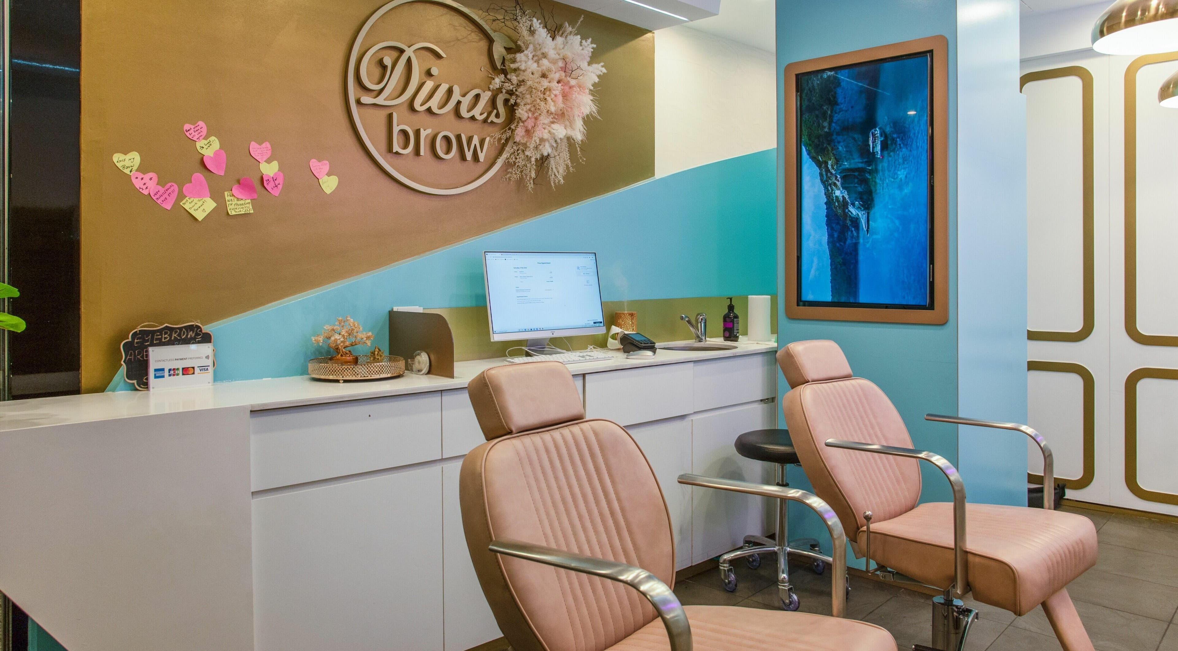 Elegant interior of Divas Brow Sydney CBD, featuring stylish chairs and decor in Sydney, New South Wales, AU.