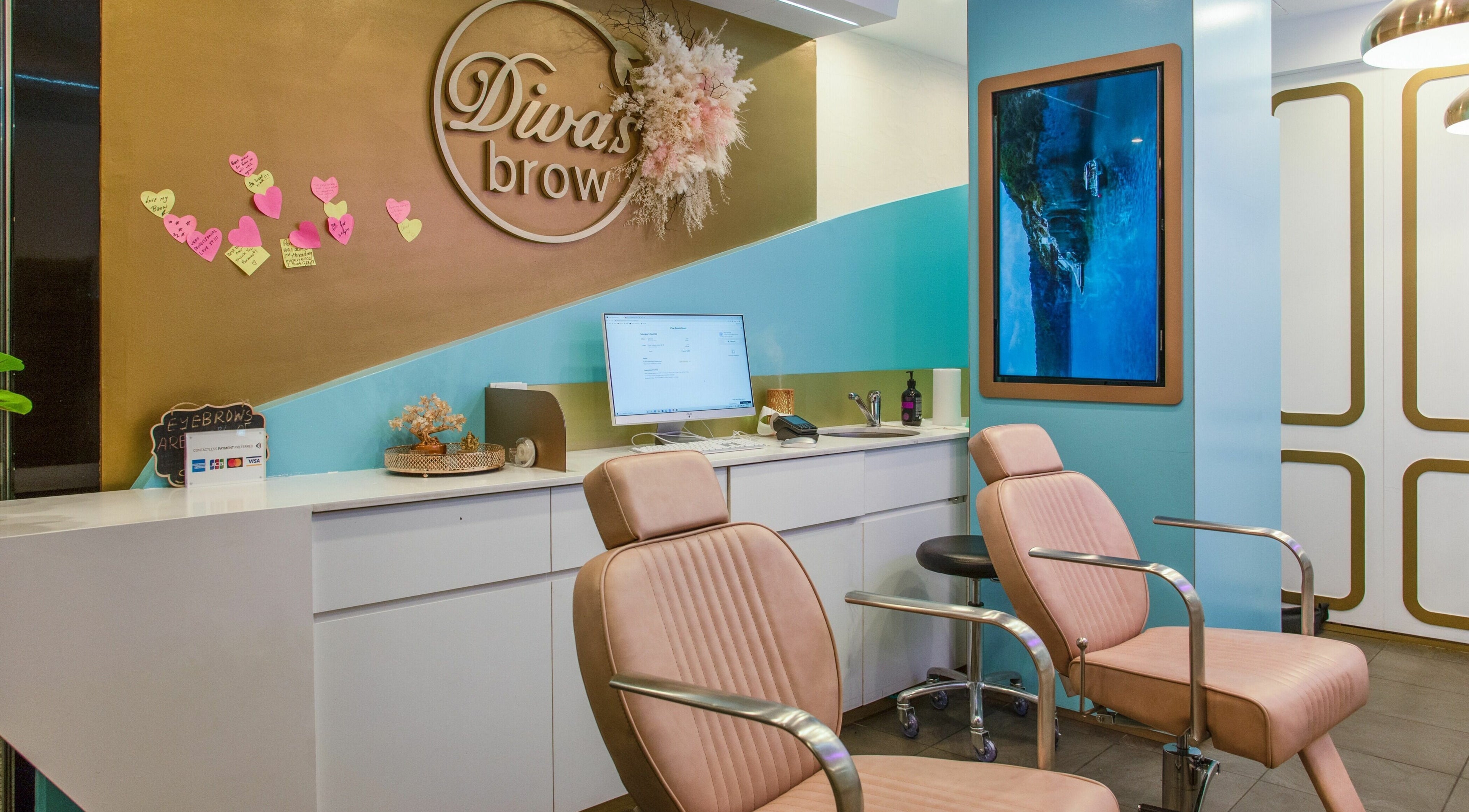 Elegant interior of Divas Brow Sydney CBD, featuring stylish chairs and decor in Sydney, New South Wales, AU.