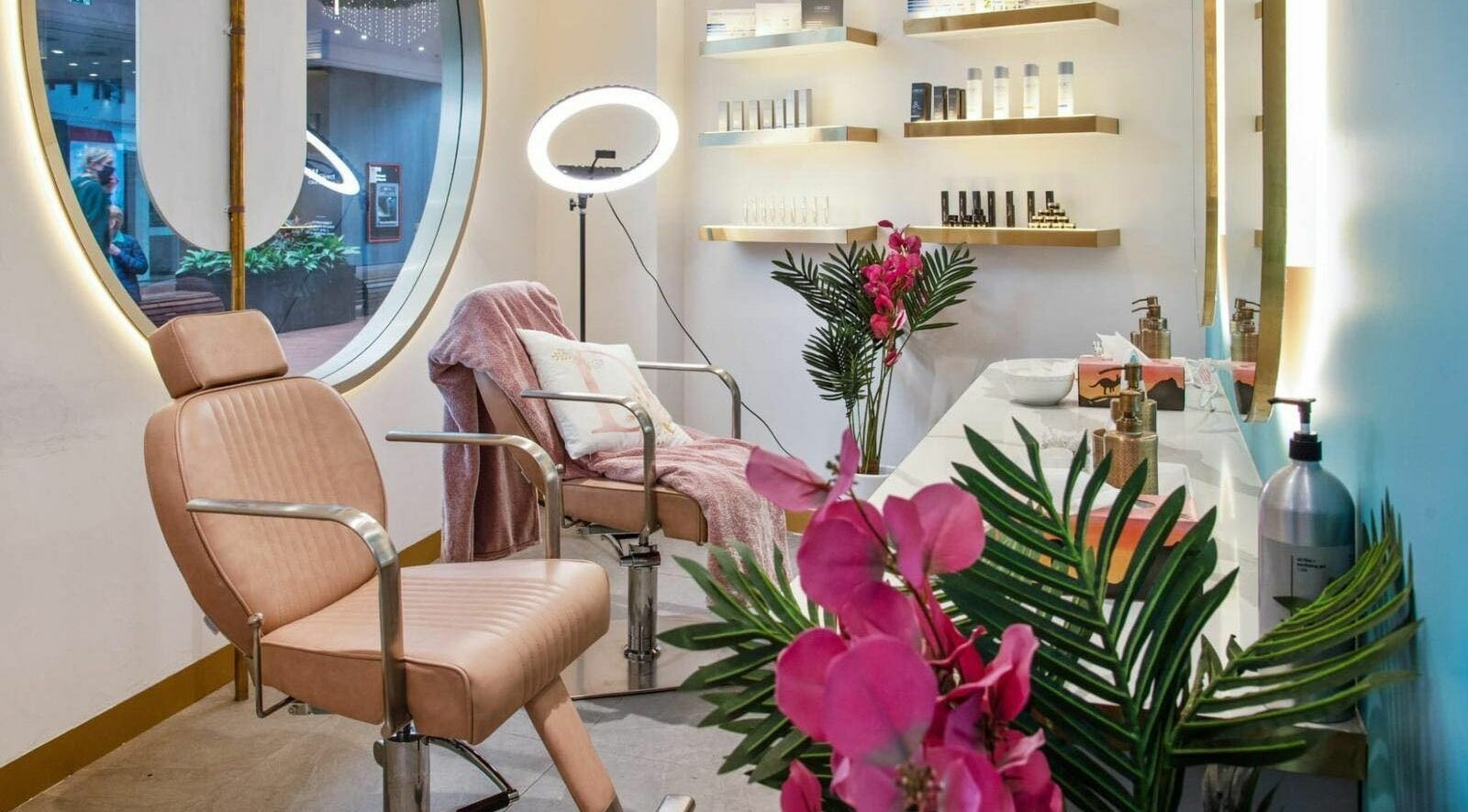 Relaxing salon chair at Divas Brow Warringah Mall, Brookvale, New South Wales, AU with elegant floral decor.