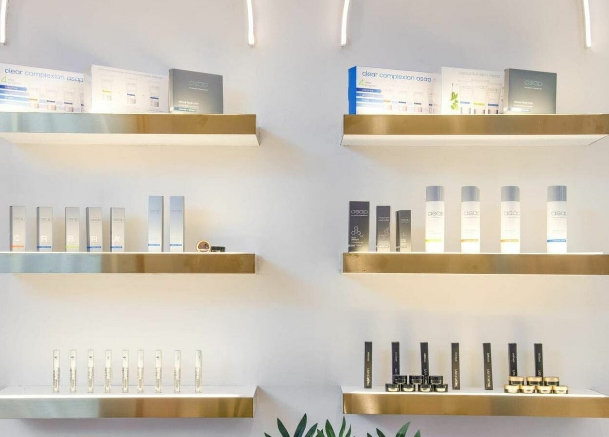 Modern skincare display at Divas Brow Warringah Mall, Brookvale, New South Wales, AU showcasing premium products.