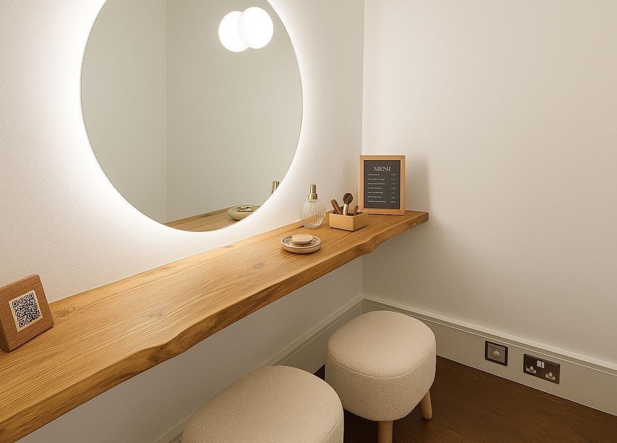 Minimalist vanity at Wish. Beaute Japanese Lashes Soho, London, England, GB. Elegant wooden counter and round mirror.