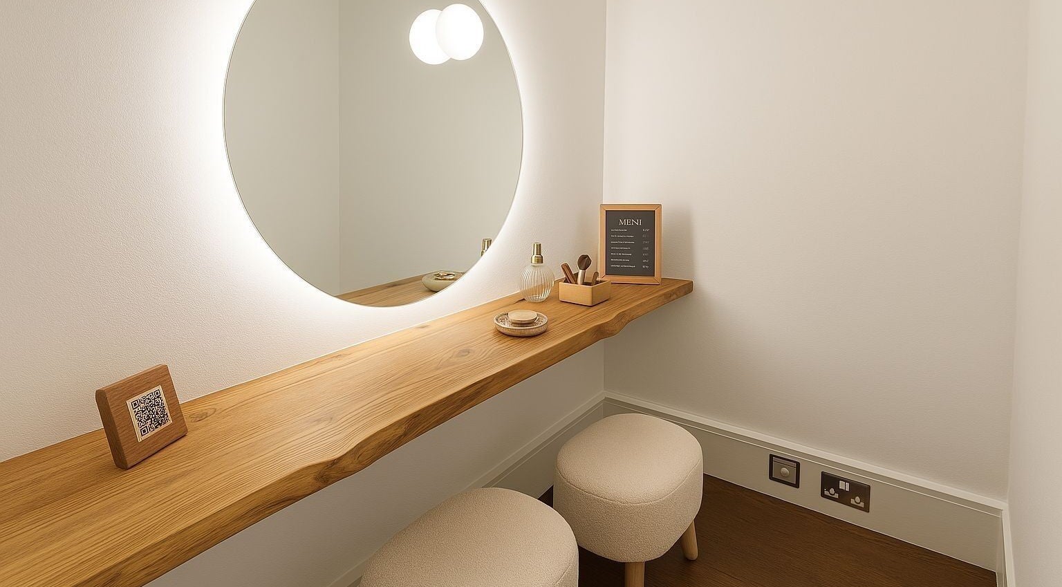 Minimalist vanity at Wish. Beaute Japanese Lashes Soho, London, England, GB. Elegant wooden counter and round mirror.