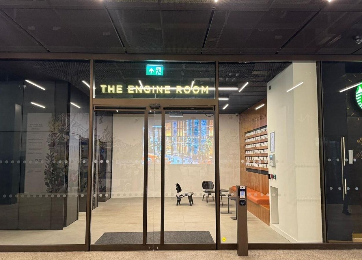 Entrance to The Engine Room at (Closed) Battersea - Wish Beaute in London, England, GB with glass doors and seating.