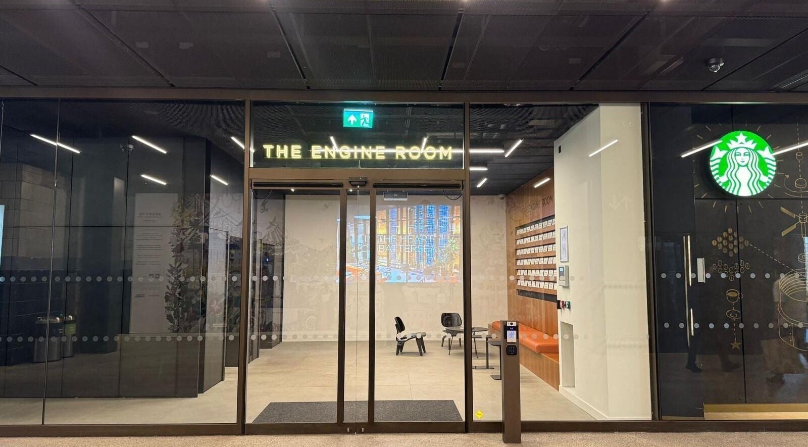 Entrance to The Engine Room at (Closed) Battersea - Wish Beaute in London, England, GB with glass doors and seating.