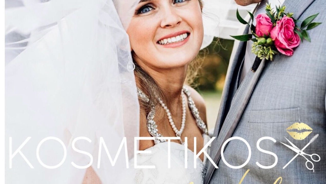 Smiling bride with veil and pearls at Kosmetikos, Sherman, Texas, US, showcasing wedding beauty services.