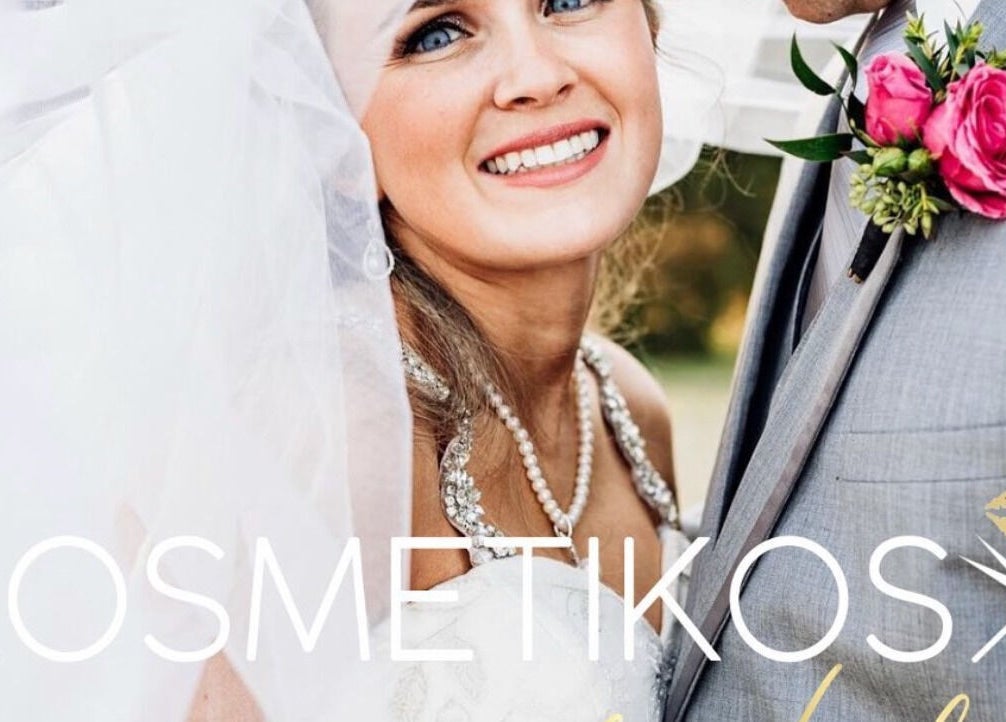 Smiling bride with veil and pearls at Kosmetikos, Sherman, Texas, US, showcasing wedding beauty services.